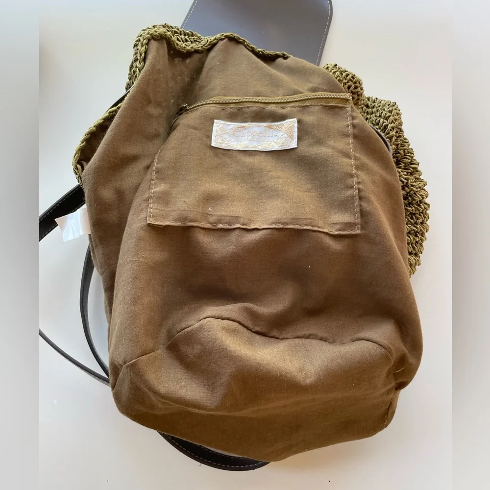 Cappelli Straworld Olive Green Woven Raffia Backpack Brown Faux Leather Trim